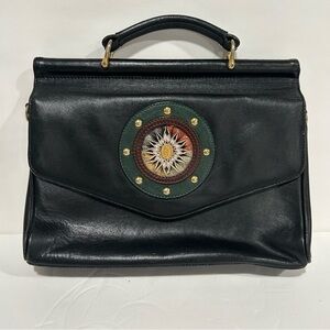 Vintage Donnio Italian Black Leather Satchel Purse with Sunburst Design, Unique